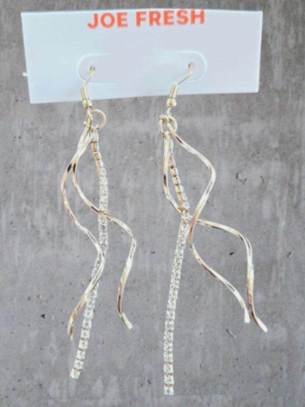 Gold Tone Double Twist Drop Earrings Clear Crystal Accents 3" Dangle